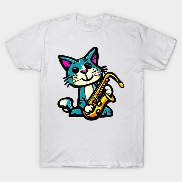 Jazzy Cat Saxophonist Art T-Shirt by Pixel4Art